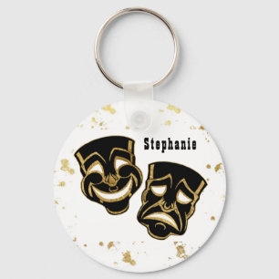 Black Gold Glitter Comedy and Tragedy Monogram Key Ring