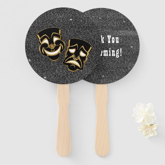 Black Gold Glitter Comedy and Tragedy Theatre Hand Fan (Front and Back)