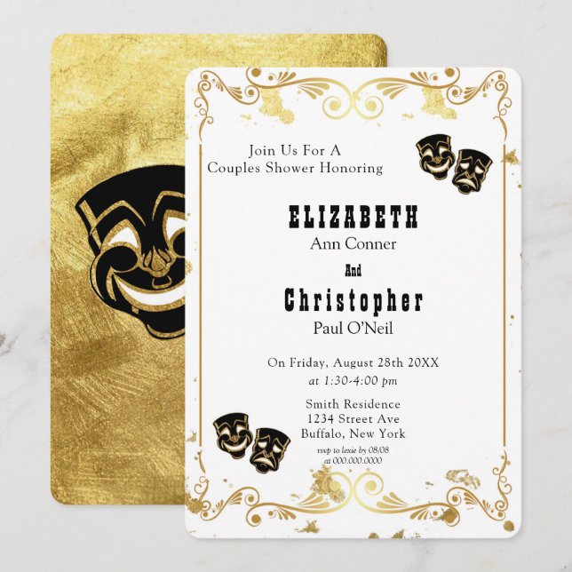 Black Gold Glitter Comedy & Tragedy Couples Shower Invitation (Front/Back)