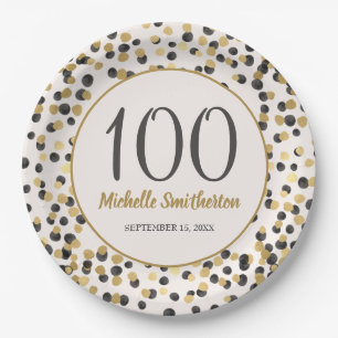 Black Gold Glitter Confetti 100th Birthday Paper Plate