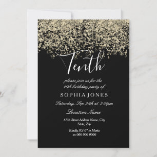 Black Gold Glitter Confetti 10th birthday party Invitation