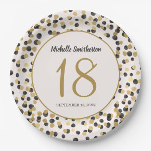 Black Gold Glitter Confetti 18th Birthday Paper Plate