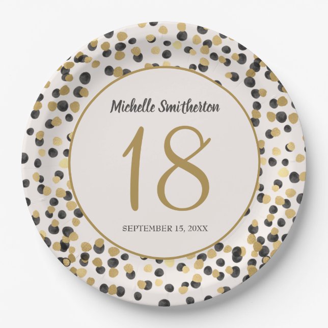 Black Gold Glitter Confetti 18th Birthday Paper Plate (Front)