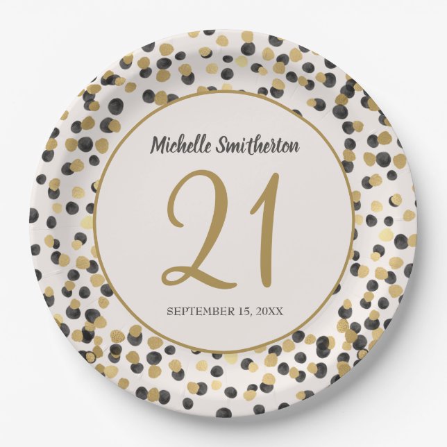 Black Gold Glitter Confetti 21st Birthday Paper Plate (Front)