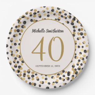 Black Gold Glitter Confetti 40th Birthday Paper Plate