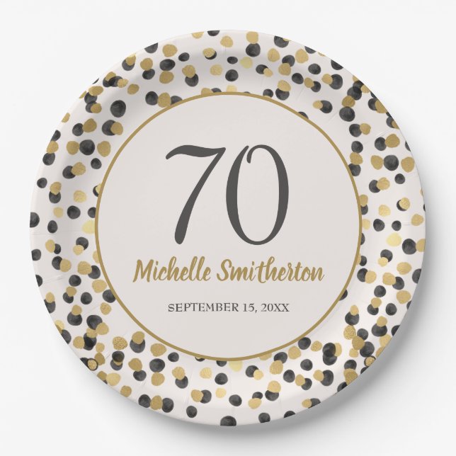 Black Gold Glitter Confetti 70th Birthday Paper Plate (Front)