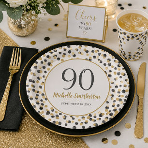 Black Gold Glitter Confetti 90th Birthday Paper Plate