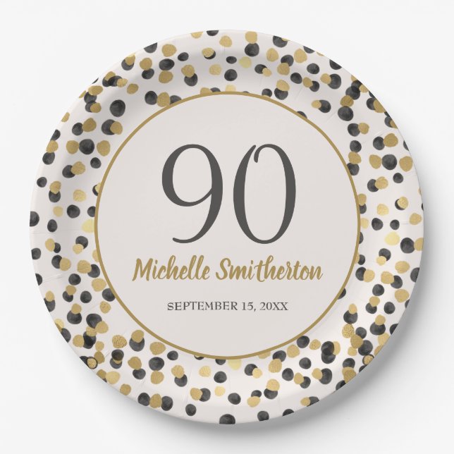 Black Gold Glitter Confetti 90th Birthday Paper Plate (Front)