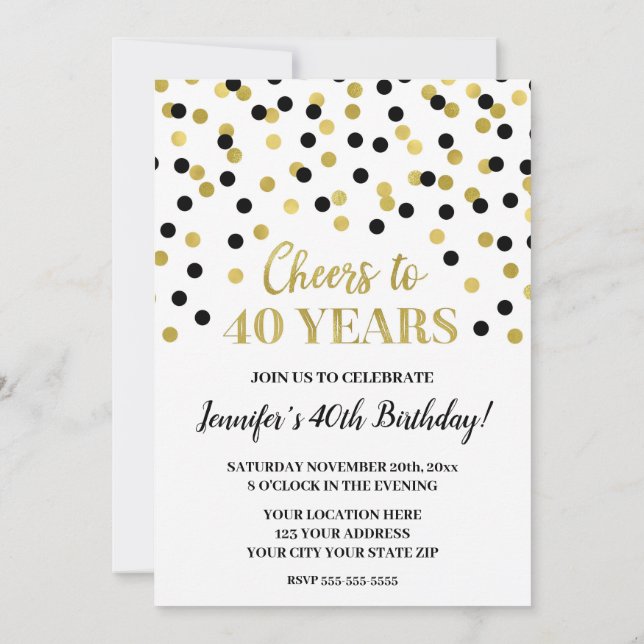 Black Gold Glitter Confetti Cheers to 40 Years Invitation (Back)