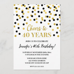 Black Gold Glitter Confetti Cheers to 40 Years Invitation