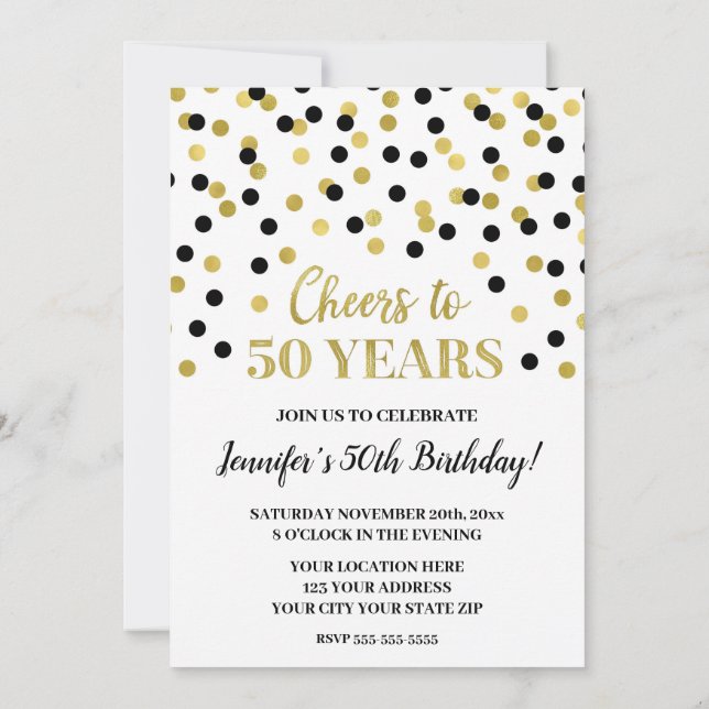 Black Gold Glitter Confetti Cheers to 50 Years Invitation (Back)