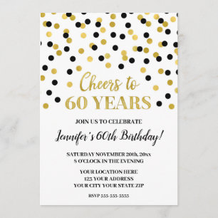 Black Gold Glitter Confetti Cheers to 60 Years Invitation