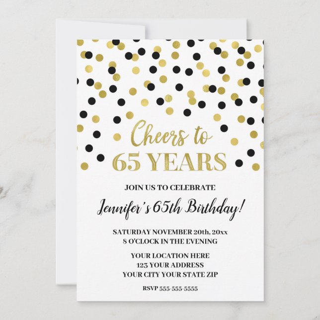 Black Gold Glitter Confetti Cheers to 65 Years Invitation (Back)