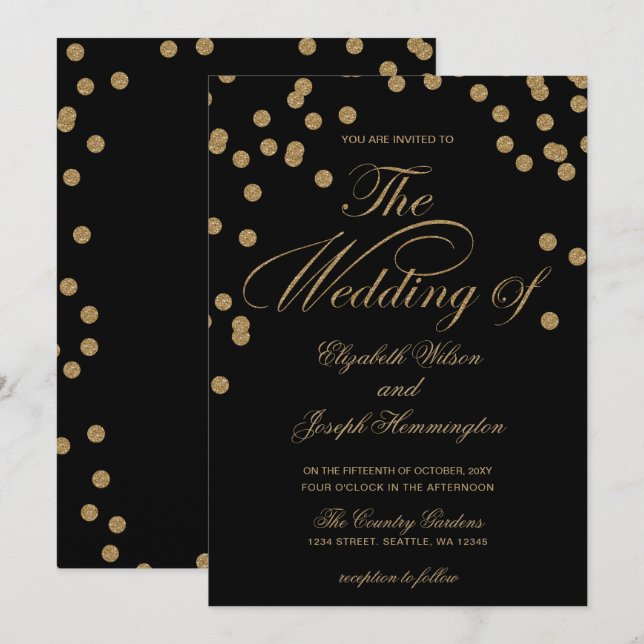 Black Gold Glitter Confetti Elegant Wedding Invitation (Front/Back)