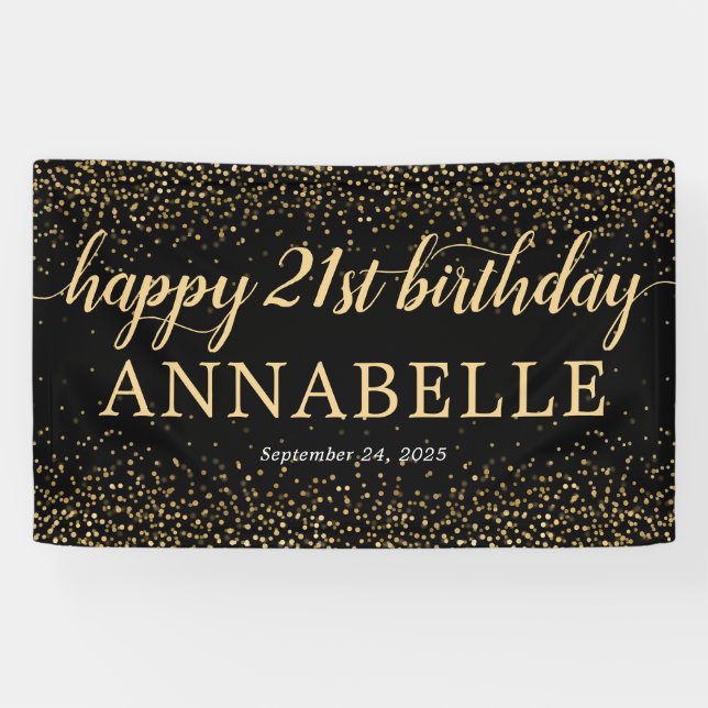 Black Gold Glitter Confetti Happy 21st Birthday Banner (Horizontal)