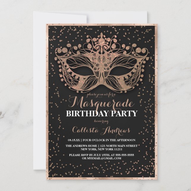 Black Gold Glitter Confetti Masquerade Birthday Invitation (Front)