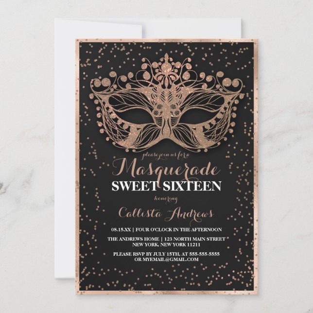 Black Gold Glitter Confetti Masquerade Sweet 16 Invitation (Front)