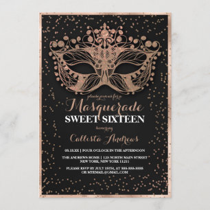 Black Gold Glitter Confetti Masquerade Sweet 16 Invitation