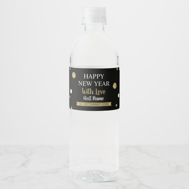 Black / Gold Glitter Confetti New Years With Love Water Bottle Label (Front)