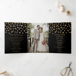 Black Gold Glitter Confetti Photo Wedding Tri-Fold Programme