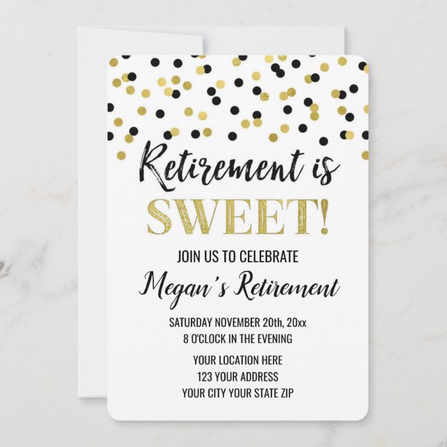 Black Gold Glitter Confetti Retirement Party Invitation (Back)