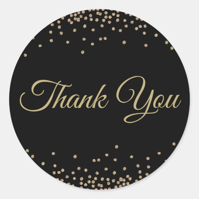 Black Gold Glitter Confetti Thank You Classic Round Sticker (Front)