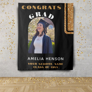 Black Gold Glitter Congrats Grad Photo Backdrop Tapestry