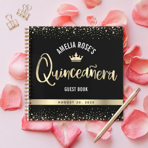 Black Gold Glitter Crown Quinceañera Guest Book