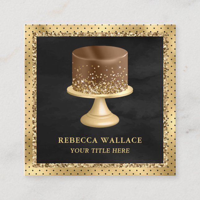 Black Gold Glitter Custom Chocolate Cake Bakery Square Business Card (Front)