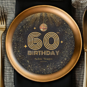 Black Gold Glitter Disco Ball Party 60th Birthday Paper Plate