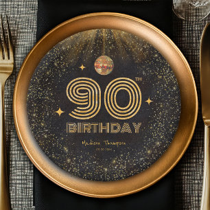 Black Gold Glitter Disco Ball Party 90th Birthday Paper Plate