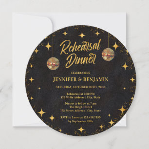 Black Gold Glitter Disco Ball Rehearsal Dinner Invitation