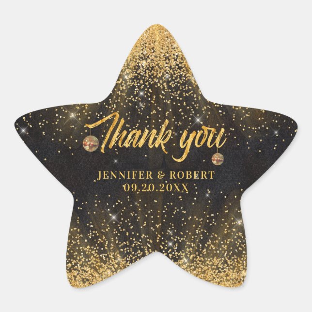 Black Gold Glitter Disco Balls Wedding Thank You Star Sticker (Front)