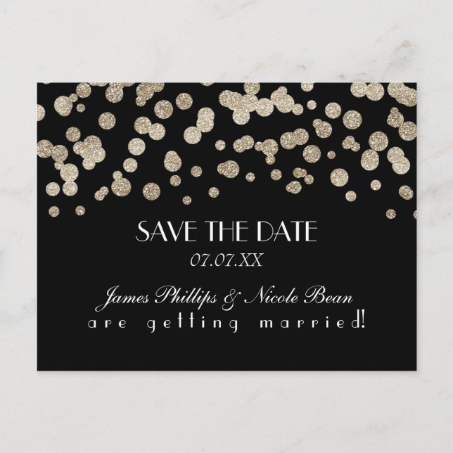 Black & Gold Glitter Dots Save The Date Postcard (Front)
