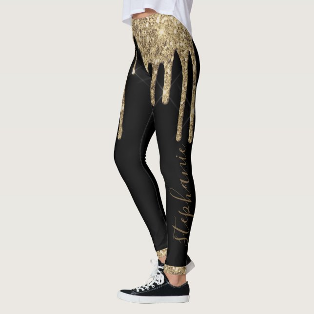Black gold glitter drip chic custom name leggings (Left)