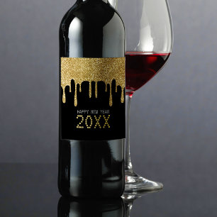 Black & Gold Glitter Drip Happy New Year 2024 Wine Label