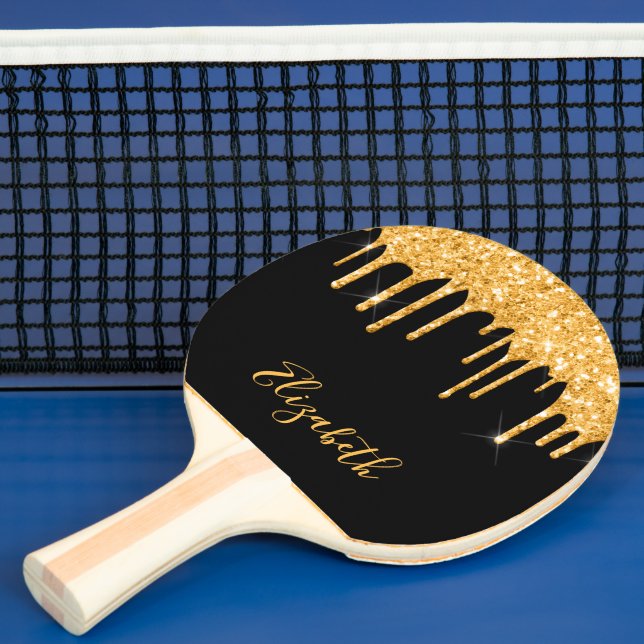 Black gold glitter drip name ping pong paddle (Insitu)