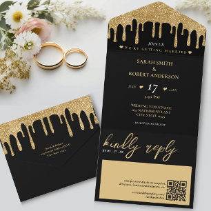 Black & Gold Glitter Drip QR Code Wedding All In One Invitation
