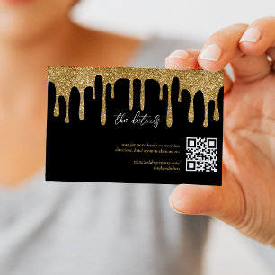 Black & Gold Glitter Drip QR Code Wedding Details Enclosure Card