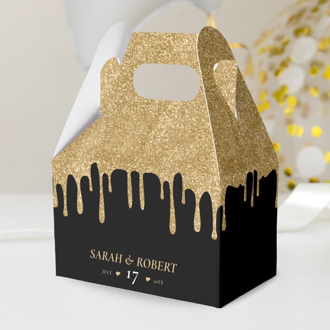 Black & Gold Glitter Drip Wedding Favour Box (Black & Gold Glitter Drip Wedding Favor Box)