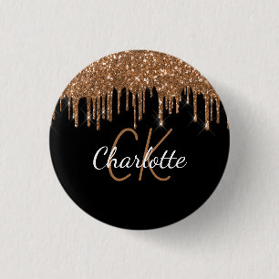Black gold glitter drips custom monogram name 3 cm round badge