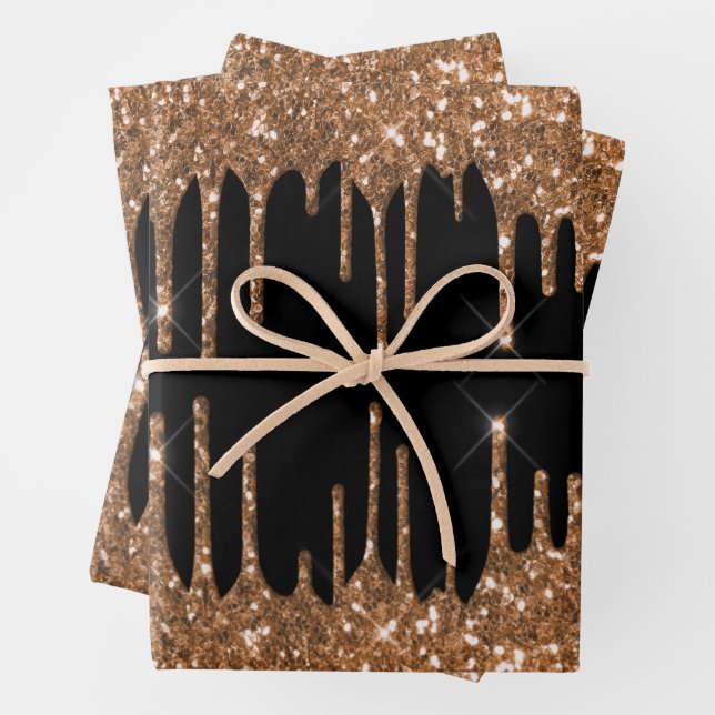 Black gold glitter drips girly luxury wrapping paper sheet (In situ)