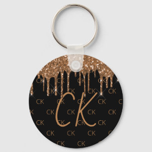 Black gold glitter drips monogram initials key ring