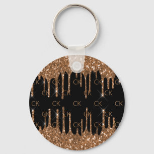 Black gold glitter drips monogram initials key ring