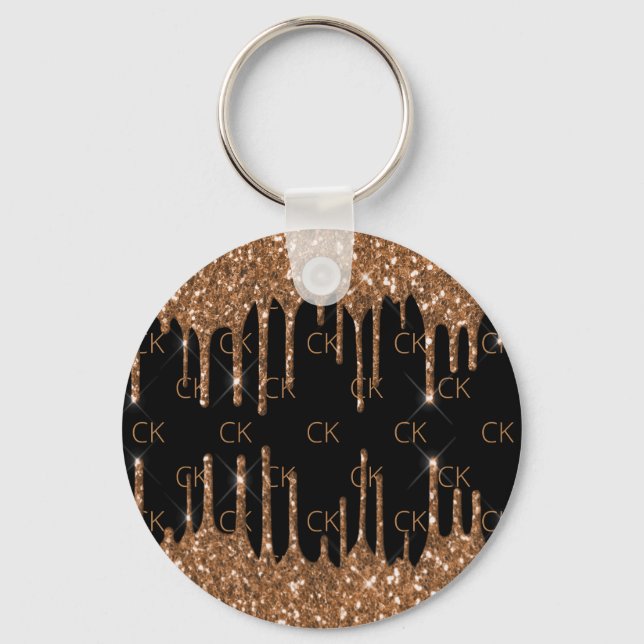 Black gold glitter drips monogram initials  key ring (Front)