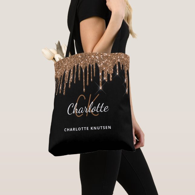 Black gold glitter drips monogram initials tote bag (Close Up)