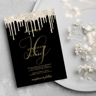 Black gold glitter drips monogram initials wedding invitation