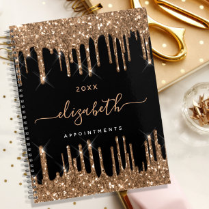 Black gold glitter drips monogram name 2026 planner