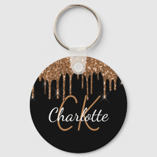 Black gold glitter drips monogram name key ring