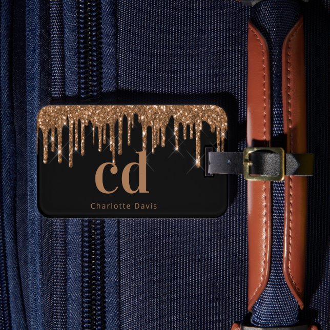 Black gold glitter drips monogram name luggage tag (Front Insitu 4)